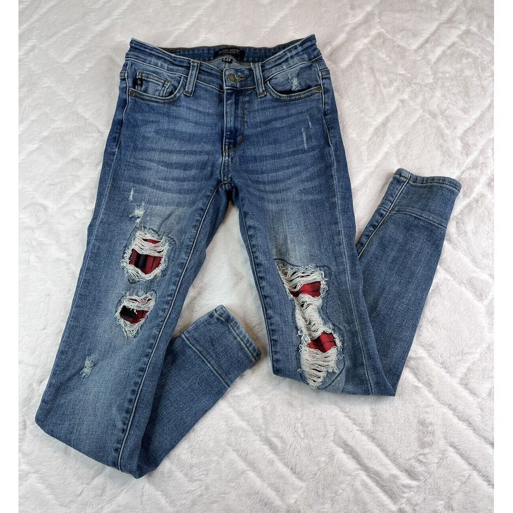 Judy Blue Jeans Women's Blue Skinny Fit Buffalo Plaid Patch Distressed - Sz 1/25